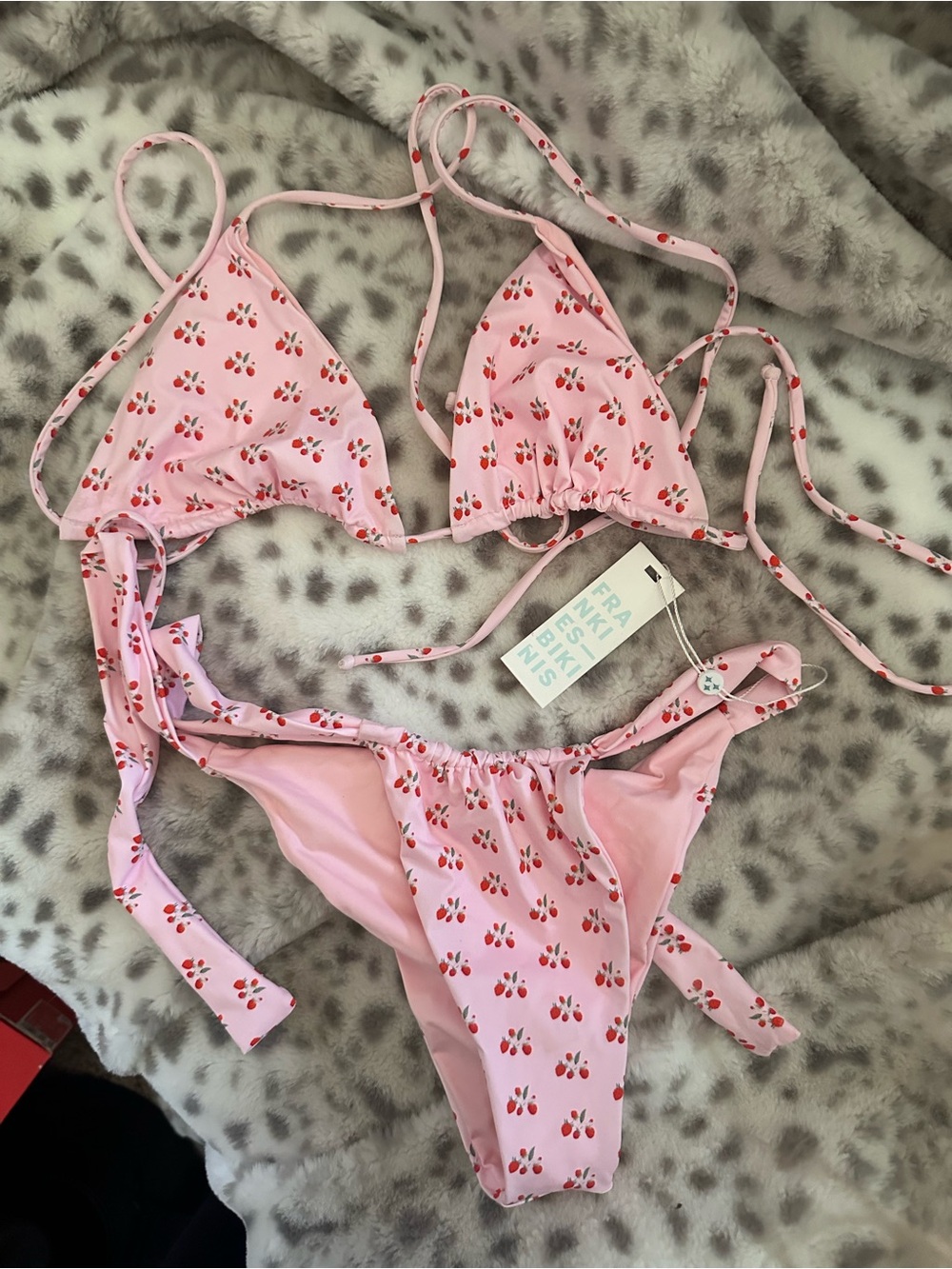 Frankie's Bikinis Pink Cherry Print Triangle String Bikini